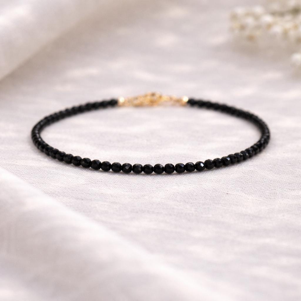 Dainty Black Tourmaline Gemstone Bracelet • Grounding, Protection, Balance • Healing Crystal • Handmade Jewelry for Women • Custom Length
