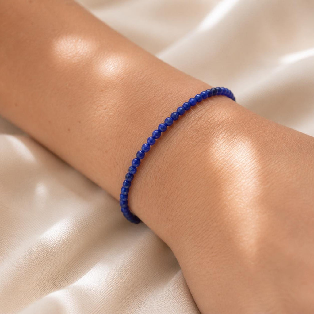 Dainty Lapis Lazuli Bracelet, 2mm Blue Gemstone Bracelet, September Birthstone Jewelry, Minimalist Beaded Bracelet, Gold Silver or Rose Gold