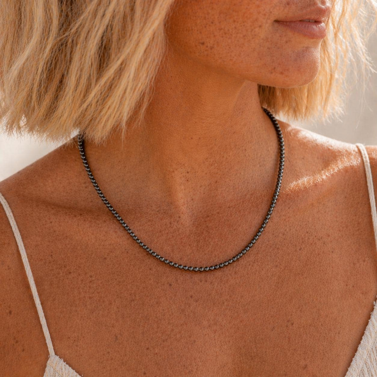 Hematite Beaded Necklace • Dainty Gemstone Necklace • Minimalist Layering Necklace • Handmade Everyday Jewelry