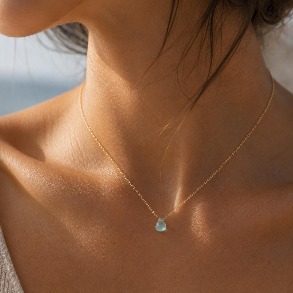 Something Blue Necklace for Bride, Chalcedony Wedding Necklace, Minimalist Bridal Jewelry, Gold Filled Something Blue Gift