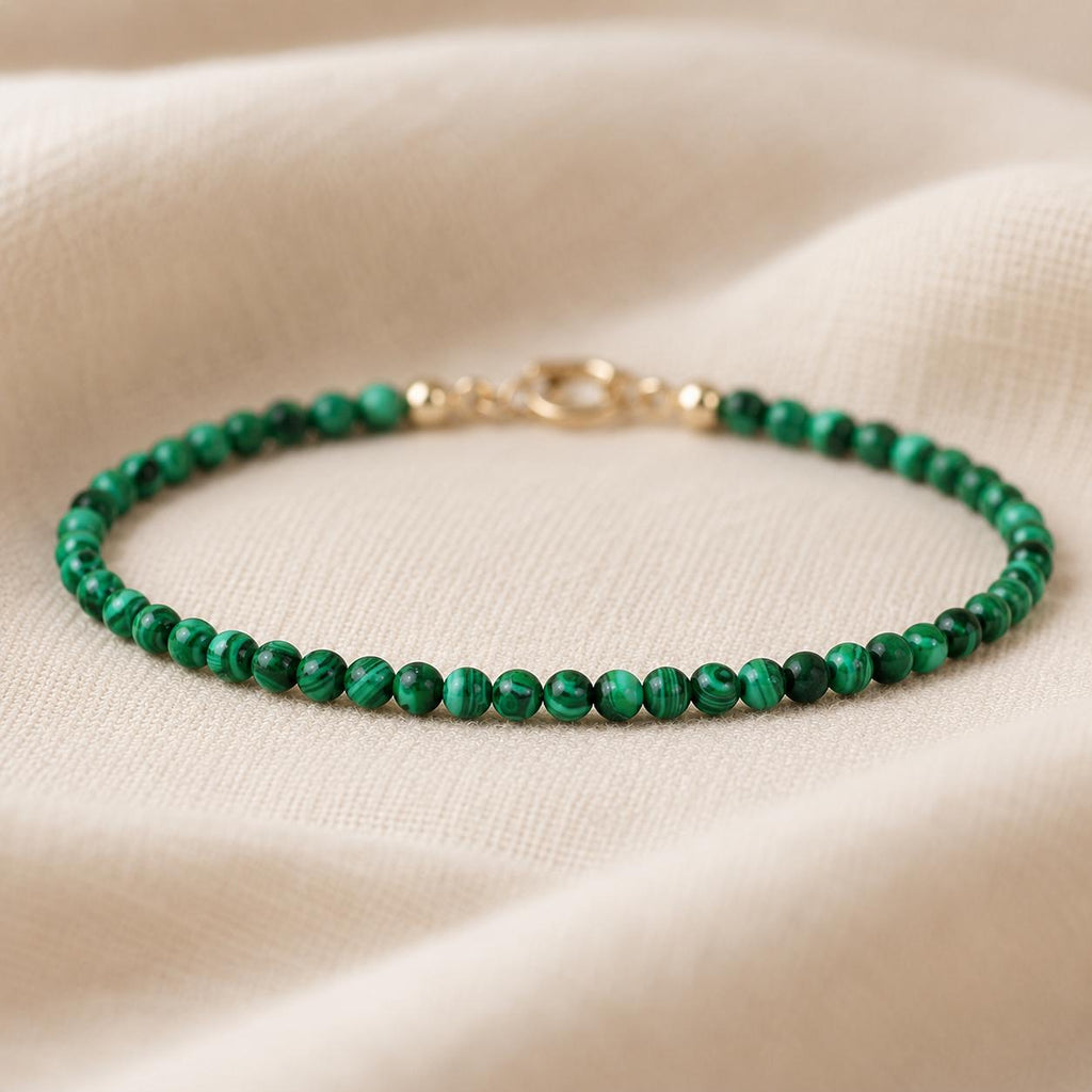 Malachite Bracelet, Dainty Green Gemstone Bracelet, Minimalist Beaded Bracelet, Gold Malachite Jewelry, Sterling Silver Bracelet