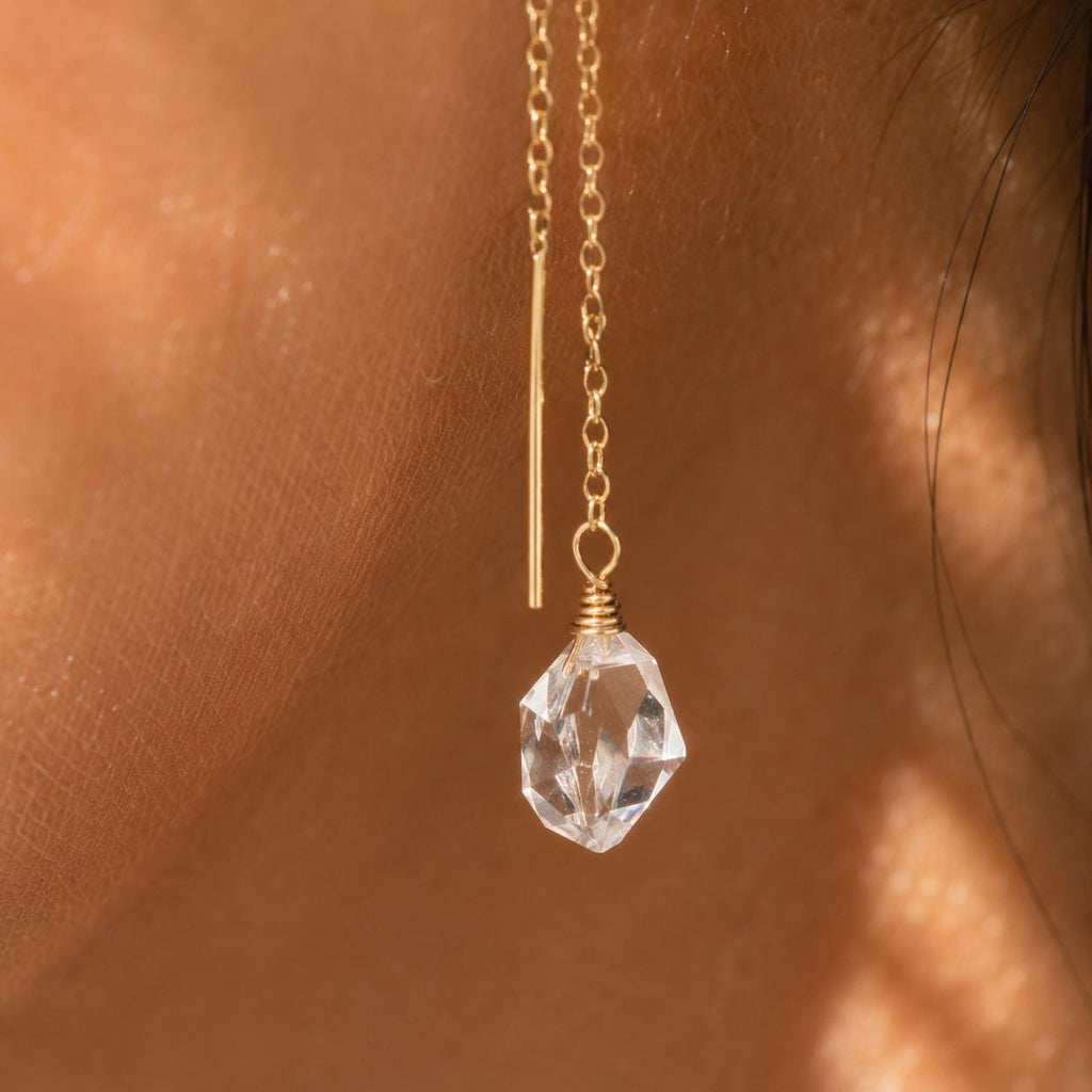 Herkimer Diamond Threader Earrings, Natural Crystal Threader Jewelry, Minimalist Celestial Bridal Earrings
