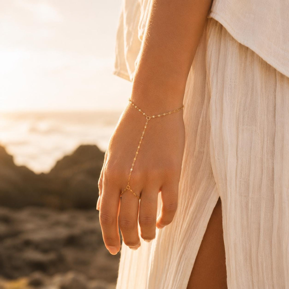 LUMIÈRE Hand Chain, Gold Hand Bracelet Ring Chain, Dainty Boho Hand Jewelry, Minimalist Finger Bracelet, Slave Bracelet