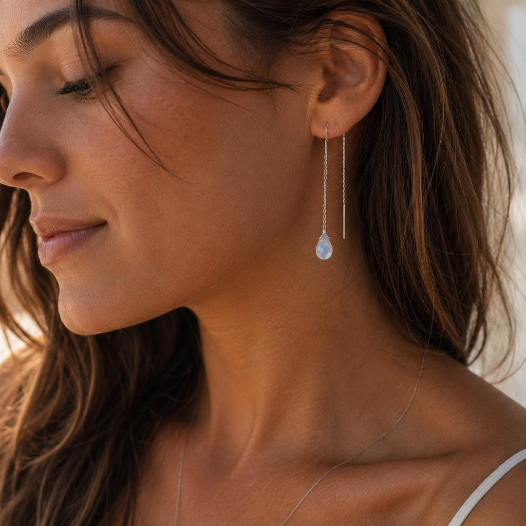Moonstone Threader Earrings, Something Blue Bridal Earrings, June Birthstone Jewelry, Gold Bridal Threaders, Minimalist Wedding Earrings