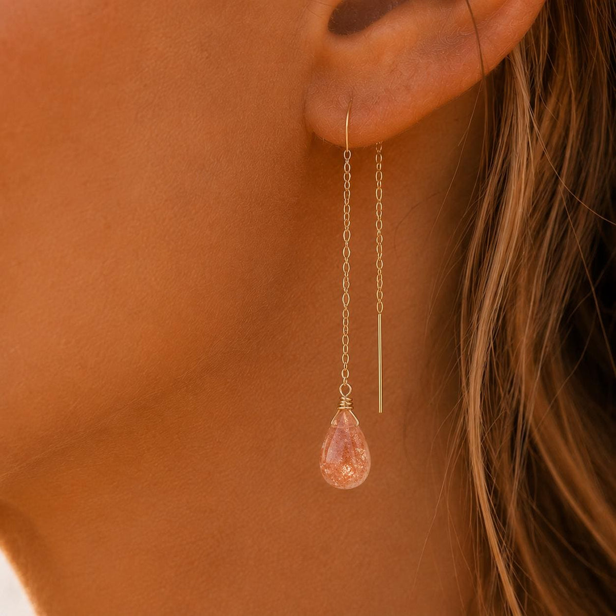 Sunstone Threader Earrings in Gold Filled or Sterling Silver, Dainty Faceted Gemstone Earrings