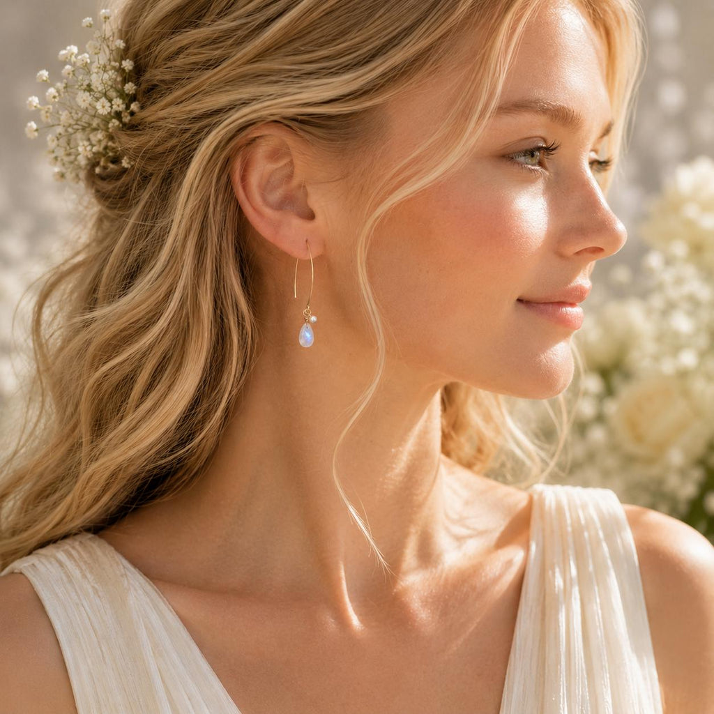 Moonstone Pearl Threader Earrings, Bridal Moonstone Earrings, June Birthstone Earrings, Minimalist Wedding Jewelry, Sterling Silver or Gold