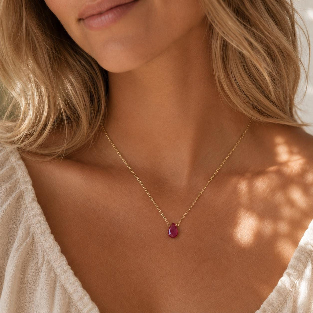 Raw Ruby Briolette Necklace, July Birthstone Necklace, Ruby Drop Pendant Necklace, Minimalist Bridal Jewelry, Sterling Silver Ruby Necklace