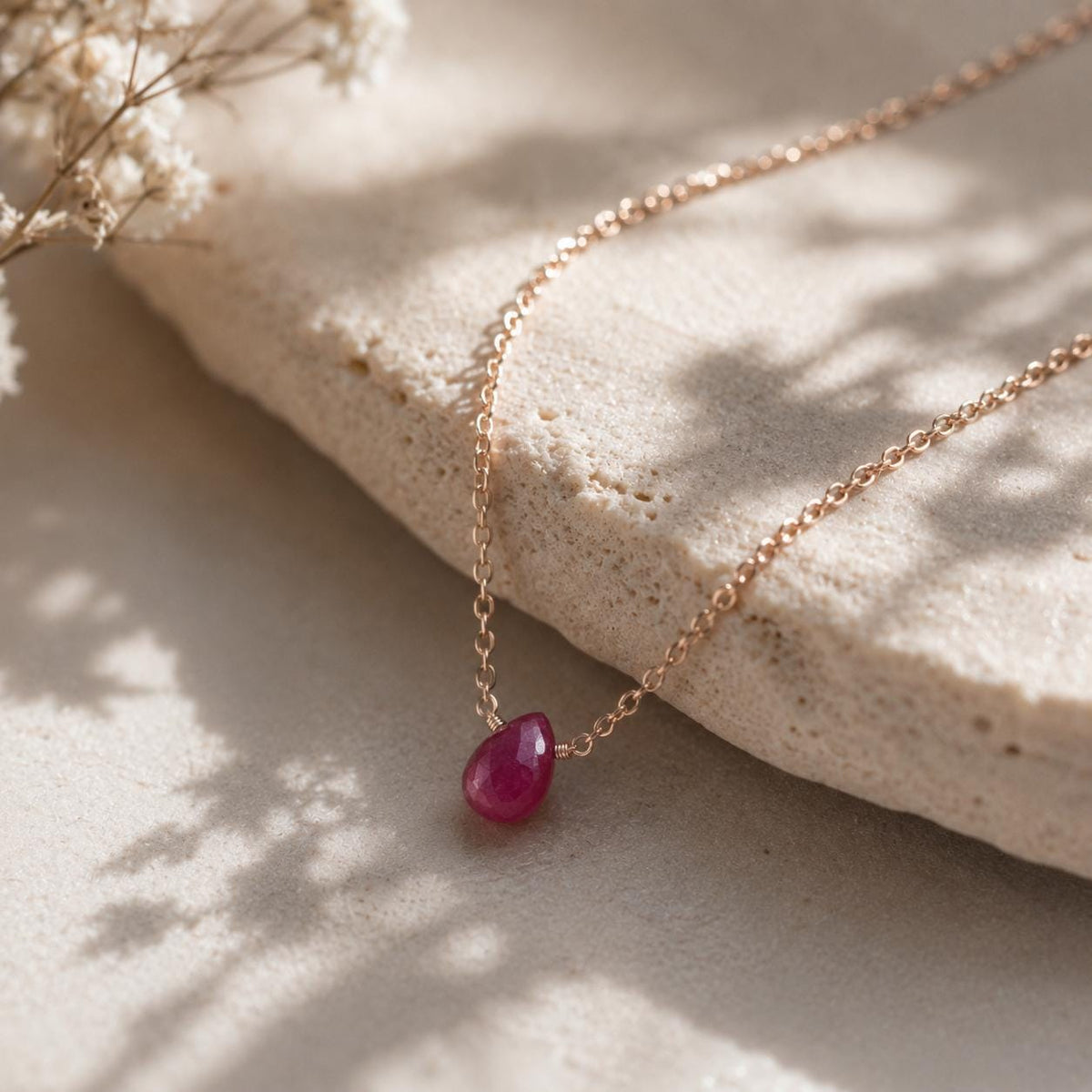 Raw Ruby Briolette Necklace, July Birthstone Necklace, Ruby Drop Pendant Necklace, Minimalist Bridal Jewelry, Sterling Silver Ruby Necklace