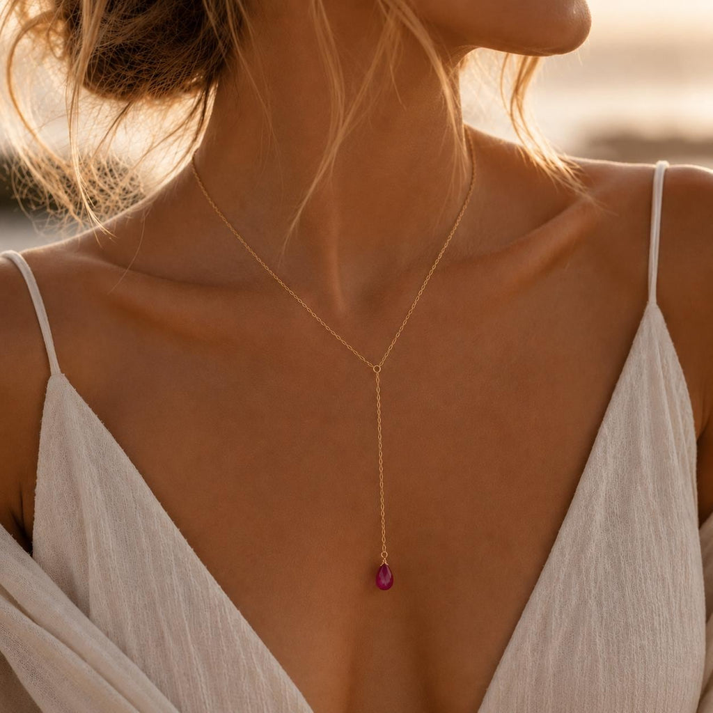 Ruby Lariat Necklace, Sterling Silver Y Shape Necklace, Minimalist Drop Necklace, Coastal Bridal Jewelry, Dainty Ruby Pendant Necklace