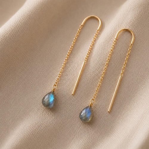 Blue Flash Labradorite Earrings, Delicate Bridal Threader Earrings