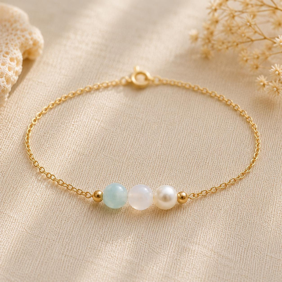 Coastal Light Bracelet, Aquamarine Moonstone Pearl Bracelet, Dainty Gold Bracelet, Minimalist Gemstone Bracelet, Coastal Jewelry Gift