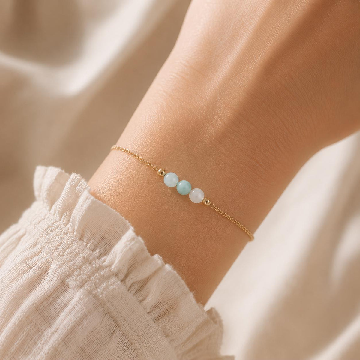 Coastal Calm Bracelet, Aquamarine Amazonite Moonstone Bracelet, Ocean Inspired Jewelry, Peaceful Gemstone Bracelet, Gold Filled Bracelet