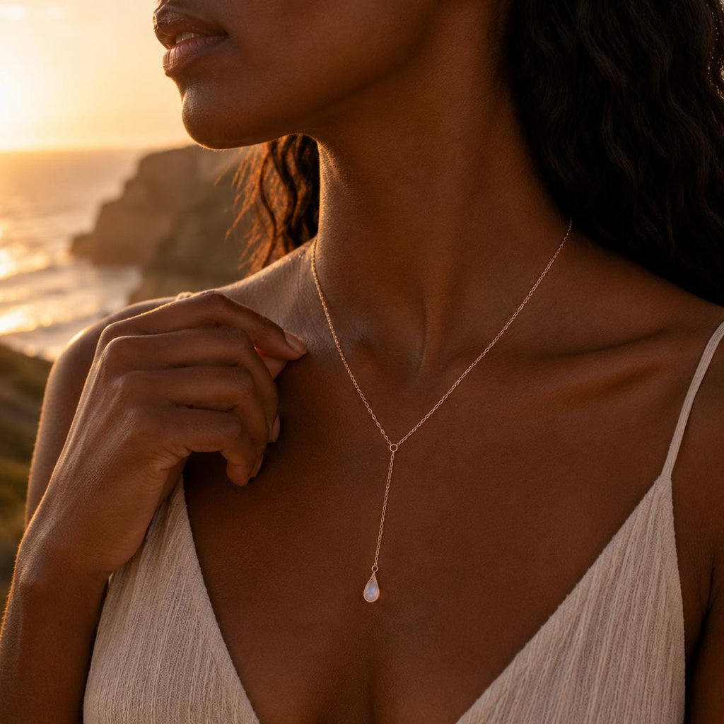 Moonstone Y Necklace, Sterling Silver Lariat Necklace, Minimalist Drop Necklace, Coastal Bridal Jewelry, Dainty Moonstone Pendant Necklace