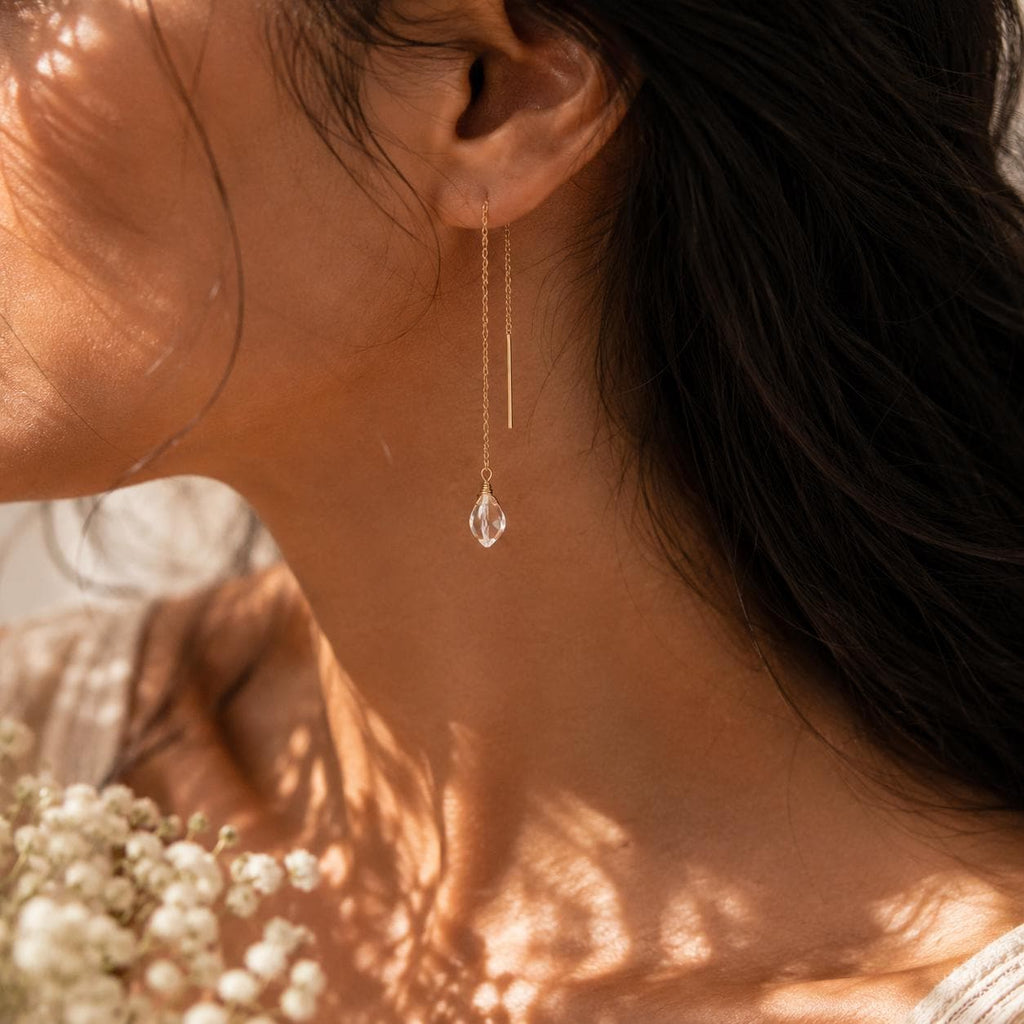 Herkimer Diamond Threader Earrings, Natural Crystal Threader Jewelry, Minimalist Celestial Bridal Earrings
