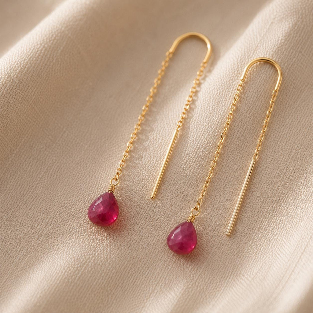 Ruby Threader Earrings, Gold Threader Earrings, Minimalist Gemstone Earrings, Coastal Bridal Earrings, Dainty Drop Earrings