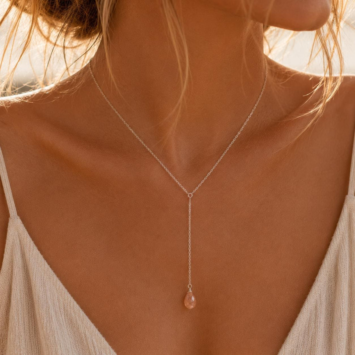 Sunstone Lariat Necklace, Sterling Silver Y Necklace, Peach Gemstone Necklace, Minimalist Bridal Jewelry, Sunstone Drop Necklace