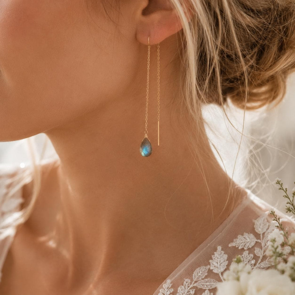 Blue Flash Labradorite Earrings, Delicate Bridal Threader Earrings