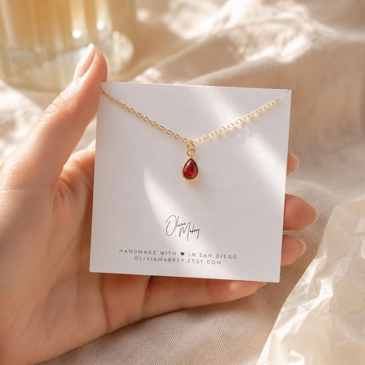 Ruby Birthstone Necklace, July Birthstone Necklace, Tiny Gold Teardrop Pendant, Minimalist Dainty Necklace, Delicate Everyday Jewelry