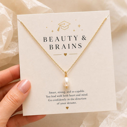 Beauty & Brains Freshwater Pearl Necklace – Graduation Gift for Her, College Grad Jewelry, Minimalist Gold Filled Pearl Pendant Necklace