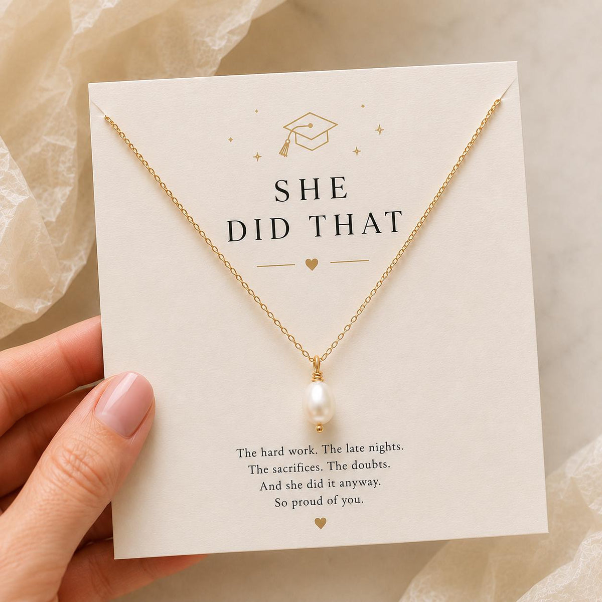 She Did That Freshwater Pearl Necklace – Graduation Gift for Her, College Grad Jewelry, Minimalist Gold Filled Pearl Necklace