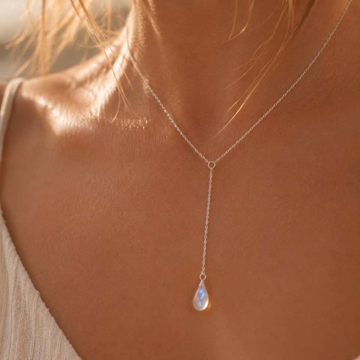 Moonstone Y Necklace, Sterling Silver Lariat Necklace, Minimalist Drop Necklace, Coastal Bridal Jewelry, Dainty Moonstone Pendant Necklace