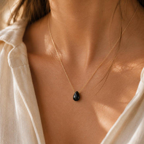 Black Onyx Floating Pendant Necklace, Minimalist Teardrop Gemstone Necklace