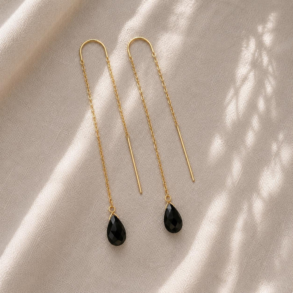 Onyx Threader Earrings, Gold Threader Earrings, Minimalist Gemstone Earrings, Coastal Bridal Earrings, Dainty Drop Earrings