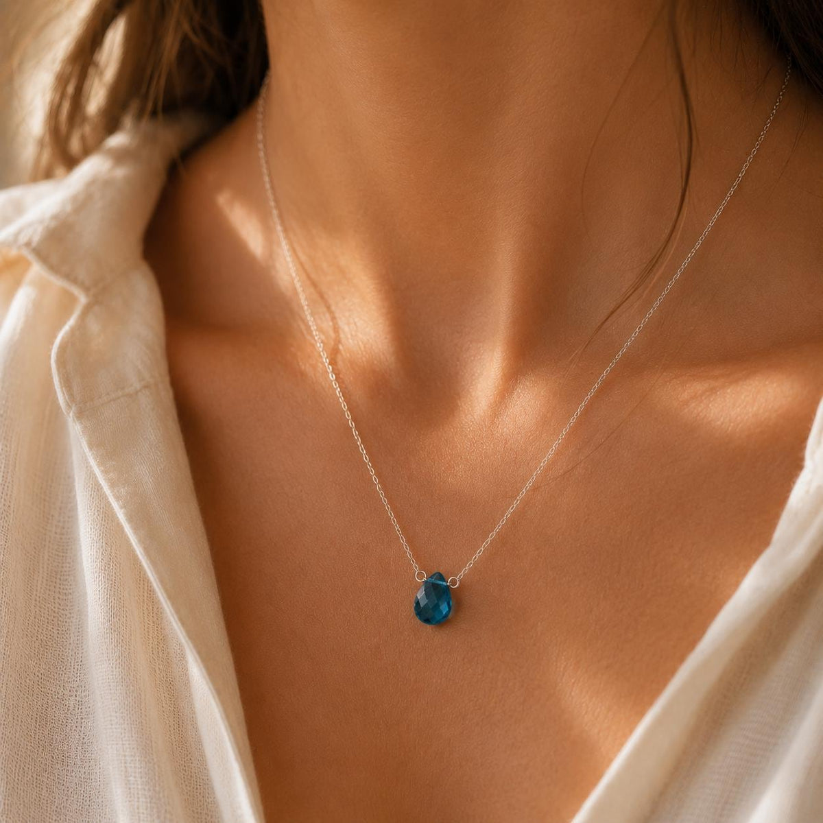 London Blue Topaz Gemstone Necklace, Minimalist Teardrop Pendant, December Birthstone Jewelry, Dainty Everyday Necklace