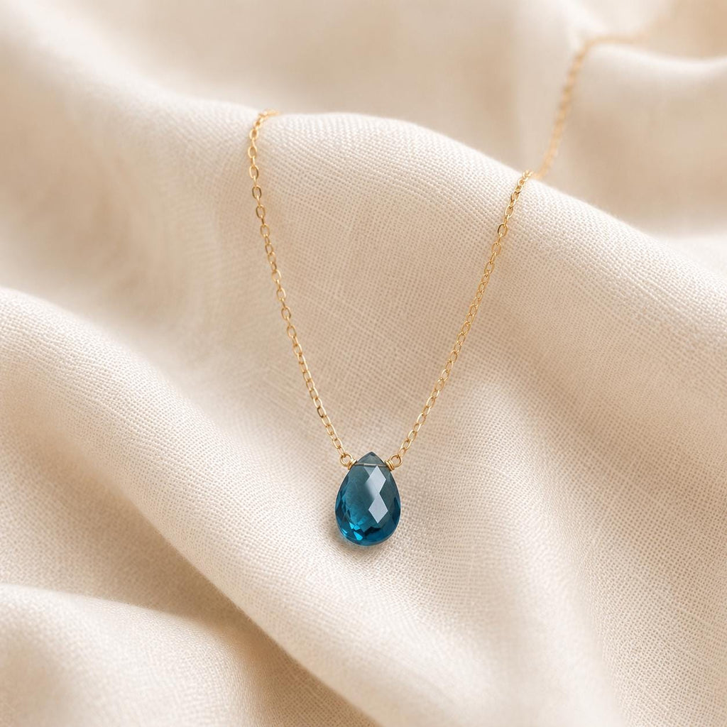 London Blue Topaz Gemstone Necklace, Minimalist Teardrop Pendant, December Birthstone Jewelry, Dainty Everyday Necklace