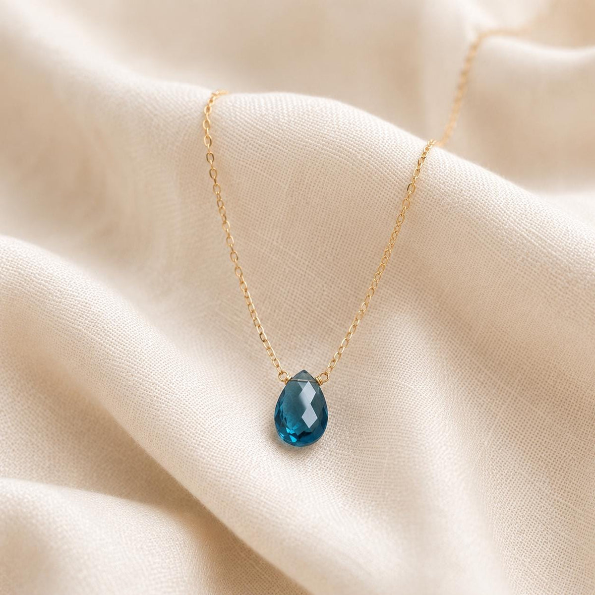 London Blue Topaz Gemstone Necklace, Minimalist Teardrop Pendant, December Birthstone Jewelry, Dainty Everyday Necklace