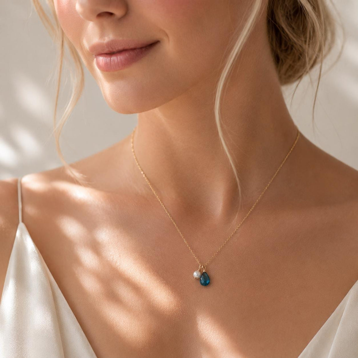 Something Blue Bridal Necklace, London Blue Topaz and Pearl Necklace, Gold Filled Wedding Jewelry, Bride Gift, Bridesmaid Necklace