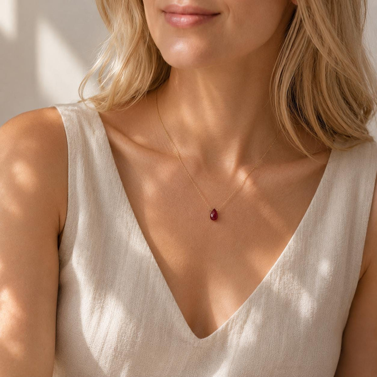Raw Ruby Briolette Necklace, July Birthstone Necklace, Ruby Drop Pendant Necklace, Minimalist Bridal Jewelry, Sterling Silver Ruby Necklace