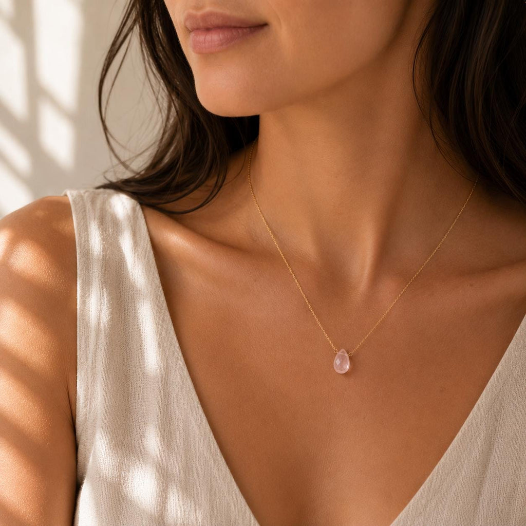 Rose Quartz Teardrop Necklace, October Birthstone Jewelry, Minimalist Pink Gemstone Necklace, Gift for Her