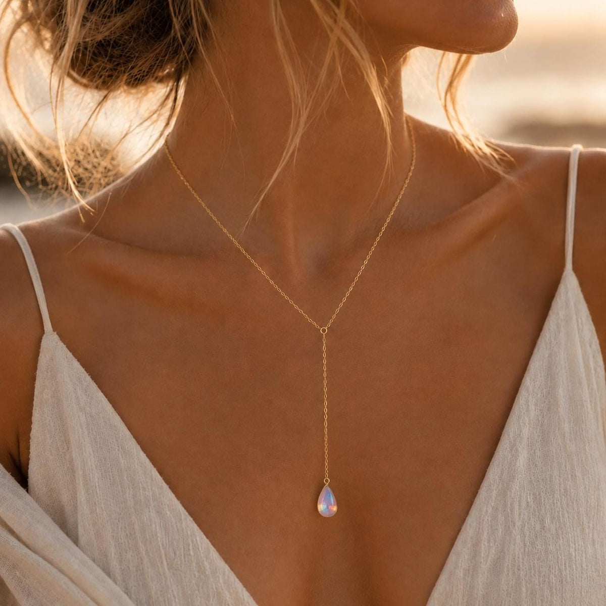 Stardust Lariat Necklace, Opalite Hydro Quartz Necklace, Iridescent Gemstone Necklace, Celestial Jewelry, Minimalist Pendant Necklace