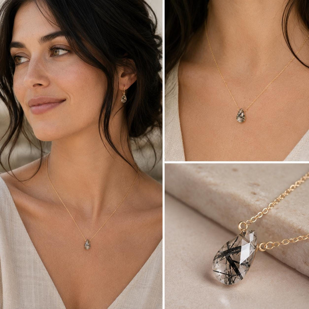 Black Rutilated Quartz Gemstone Necklace, Dainty Quartz Pendant, Minimalist Crystal Necklace, Unique Gift for Her
