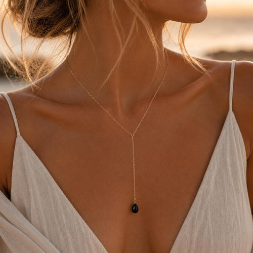 Black Onyx Lariat Necklace, Sterling Silver Y Necklace, Minimalist Teardrop Gemstone Jewelry, Dainty Everyday Necklace for Women