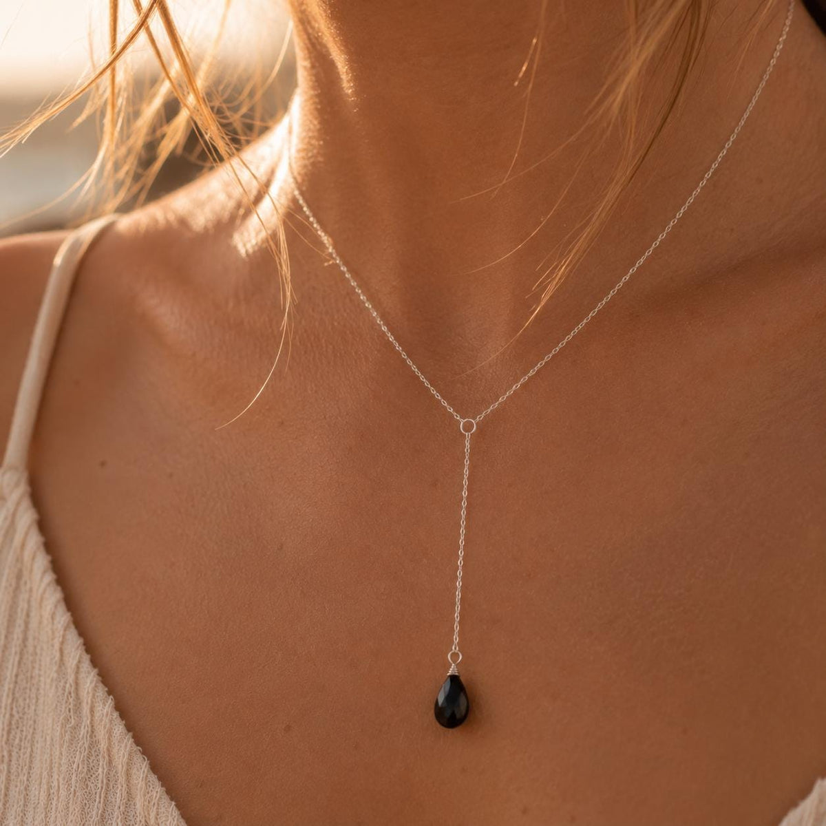 Black Onyx Lariat Necklace, Sterling Silver Y Necklace, Minimalist Teardrop Gemstone Jewelry, Dainty Everyday Necklace for Women