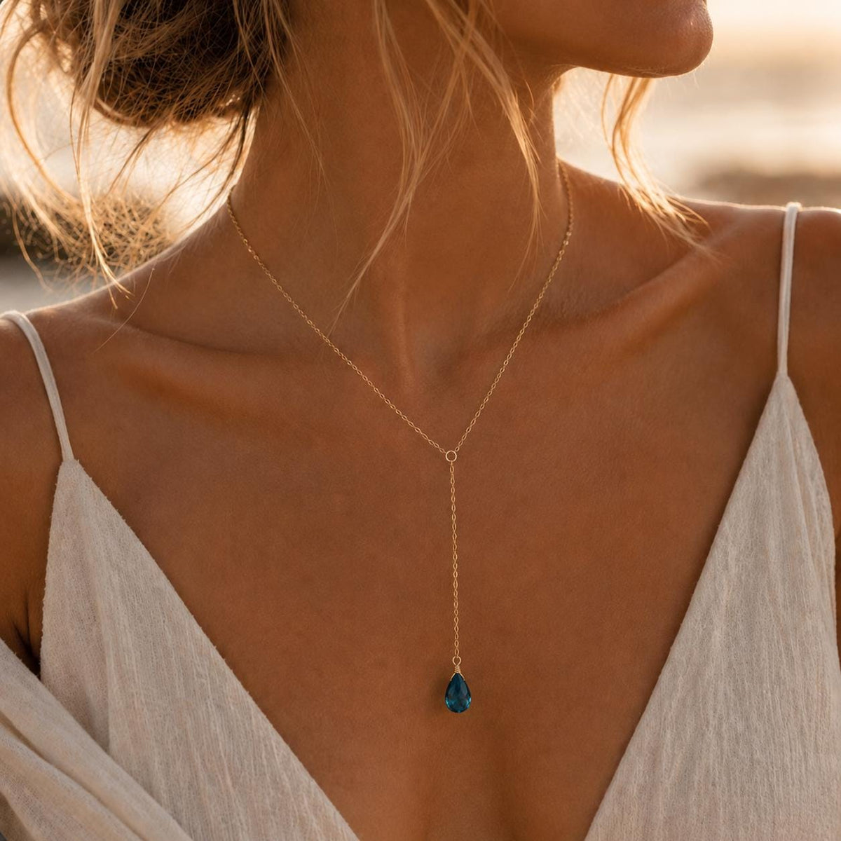 London Blue Topaz Lariat Necklace, Gold Filled Y Necklace, Dainty Gemstone Necklace, Minimalist Drop Necklace, December Birthstone Jewelry