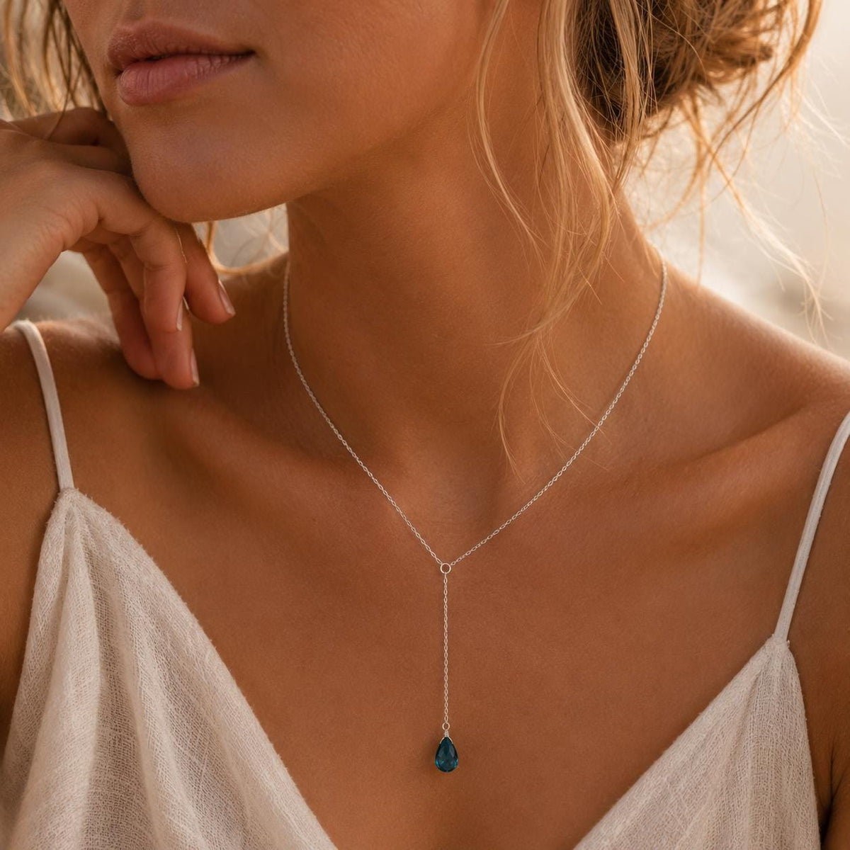 London Blue Topaz Lariat Necklace, Gold Filled Y Necklace, Dainty Gemstone Necklace, Minimalist Drop Necklace, December Birthstone Jewelry
