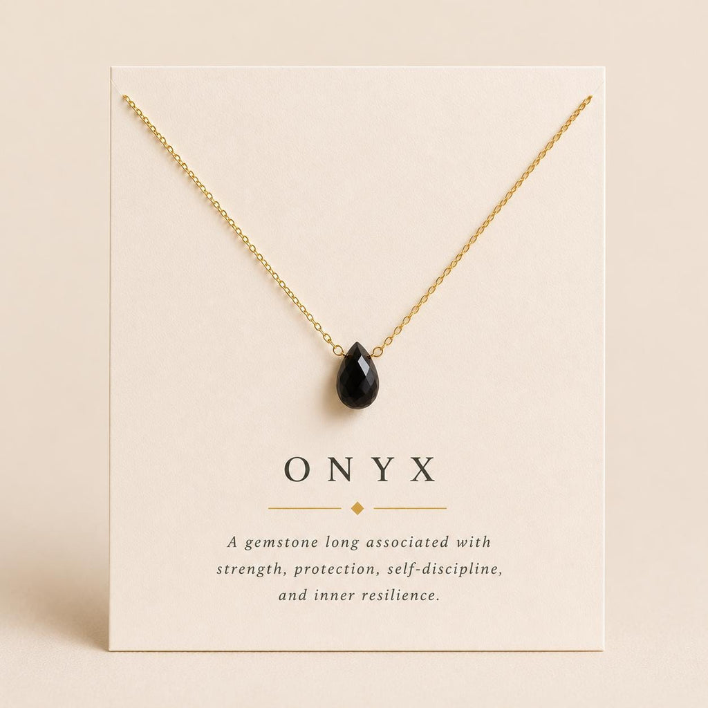 Black Onyx Floating Pendant Necklace, Minimalist Teardrop Gemstone Necklace