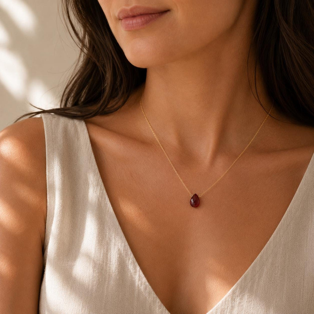 Garnet Teardrop Necklace, January Birthstone Jewelry, Minimalist Red Gemstone Necklace, Gift for Her