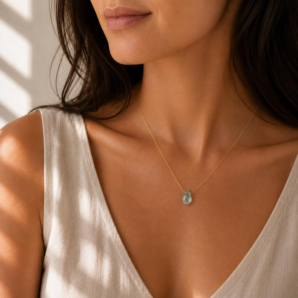 Aquamarine Teardrop Necklace, March Birthstone Jewelry, Minimalist Blue Gemstone Necklace, Gift for Her