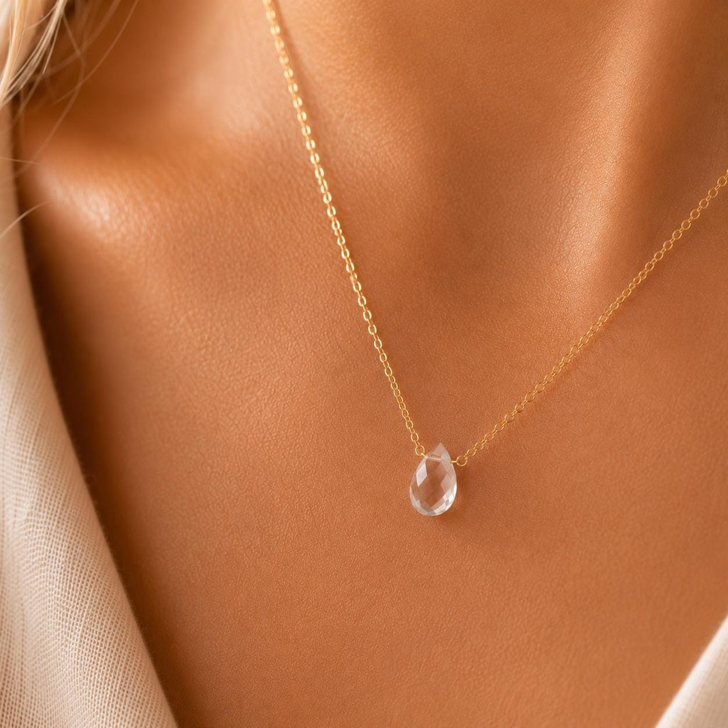 Quartz Teardrop Necklace, April Birthstone Jewelry, Minimalist Gemstone Necklace, Gift for Her