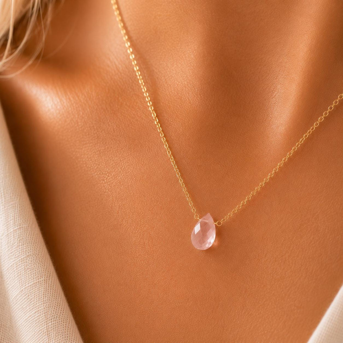 Rose Quartz Teardrop Necklace, October Birthstone Jewelry, Minimalist Pink Gemstone Necklace, Gift for Her