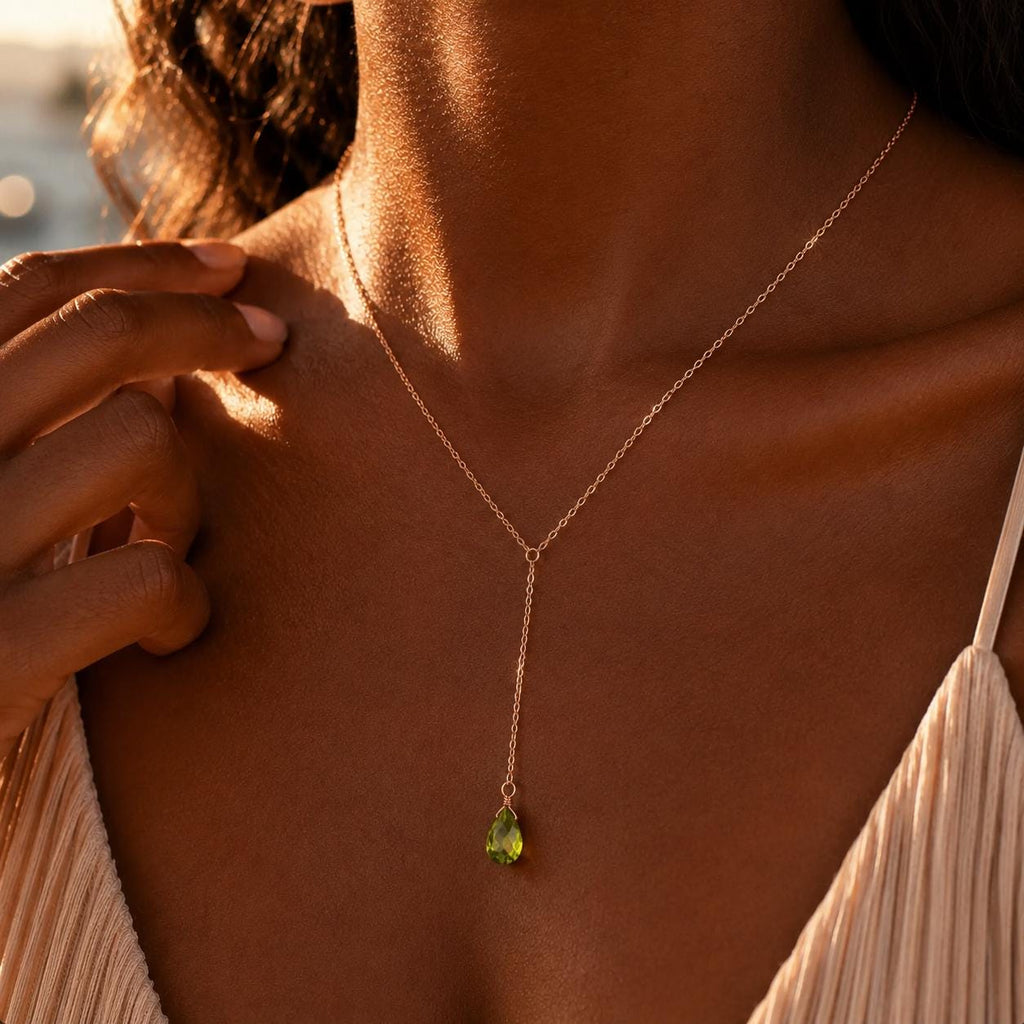 Peridot Lariat Necklace, August Birthstone Y Necklace, Minimalist Green Gemstone Jewelry Gift for Her
