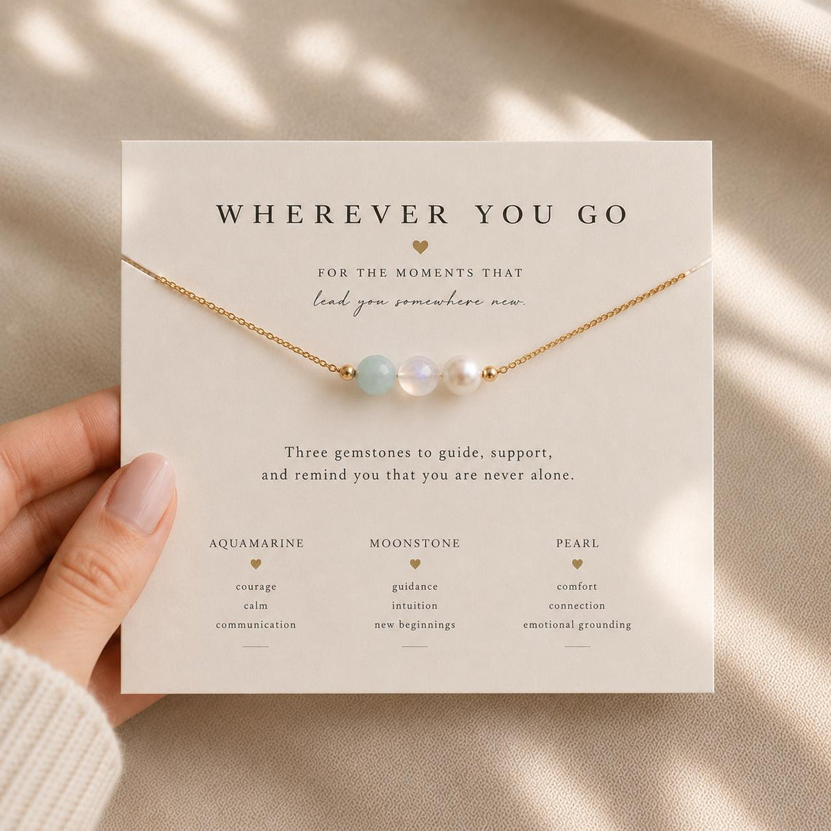 Wherever You Go Necklace, Graduation Gift for Her, Long Distance Friendship Gift, Aquamarine Moonstone Pearl Gemstones, New Beginnings Gift