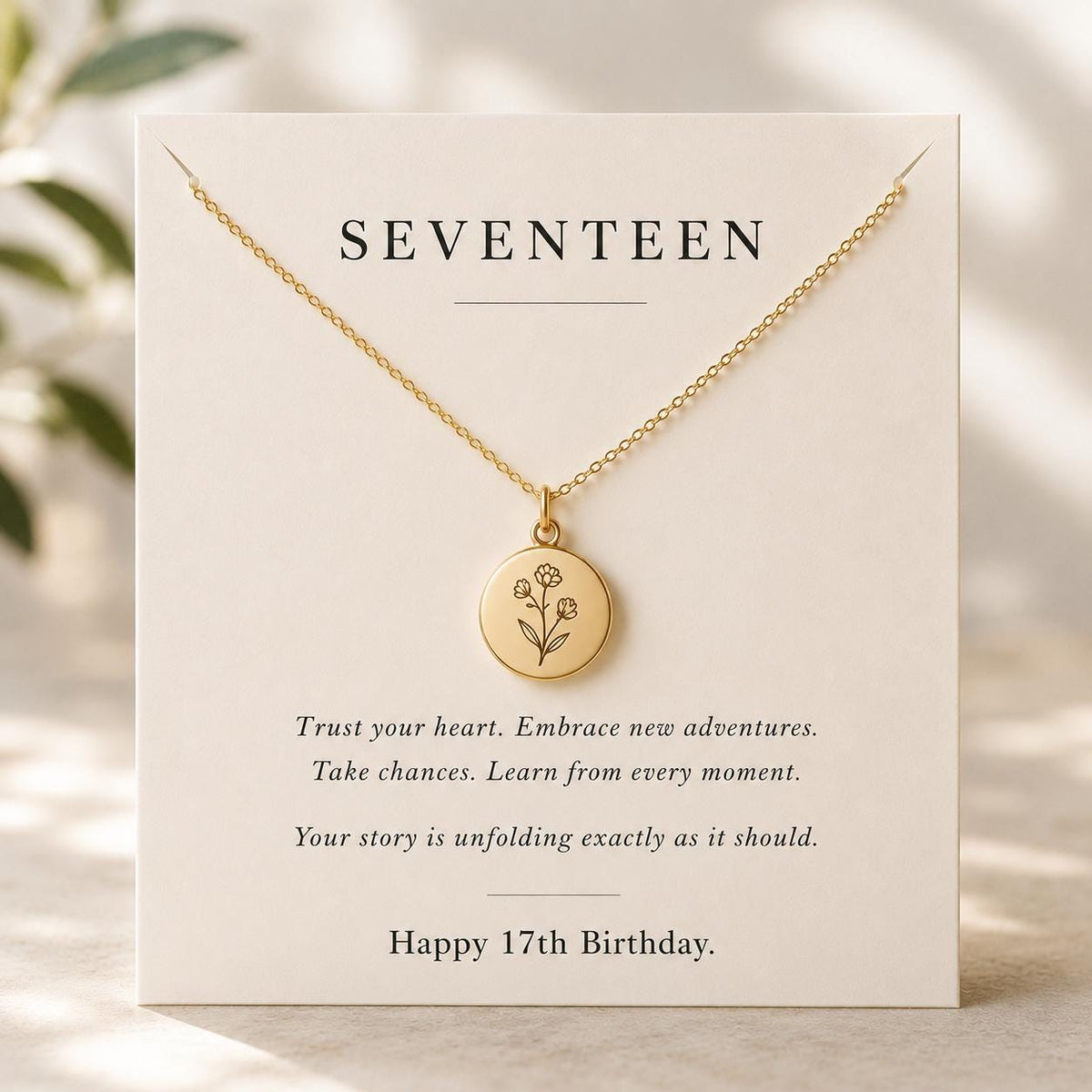 17th Birthday Birth Flower Necklace, Personalized Seventeenth Birthday Gift, Gold Birth Flower Necklace for Daughter, Granddaughter, Niece