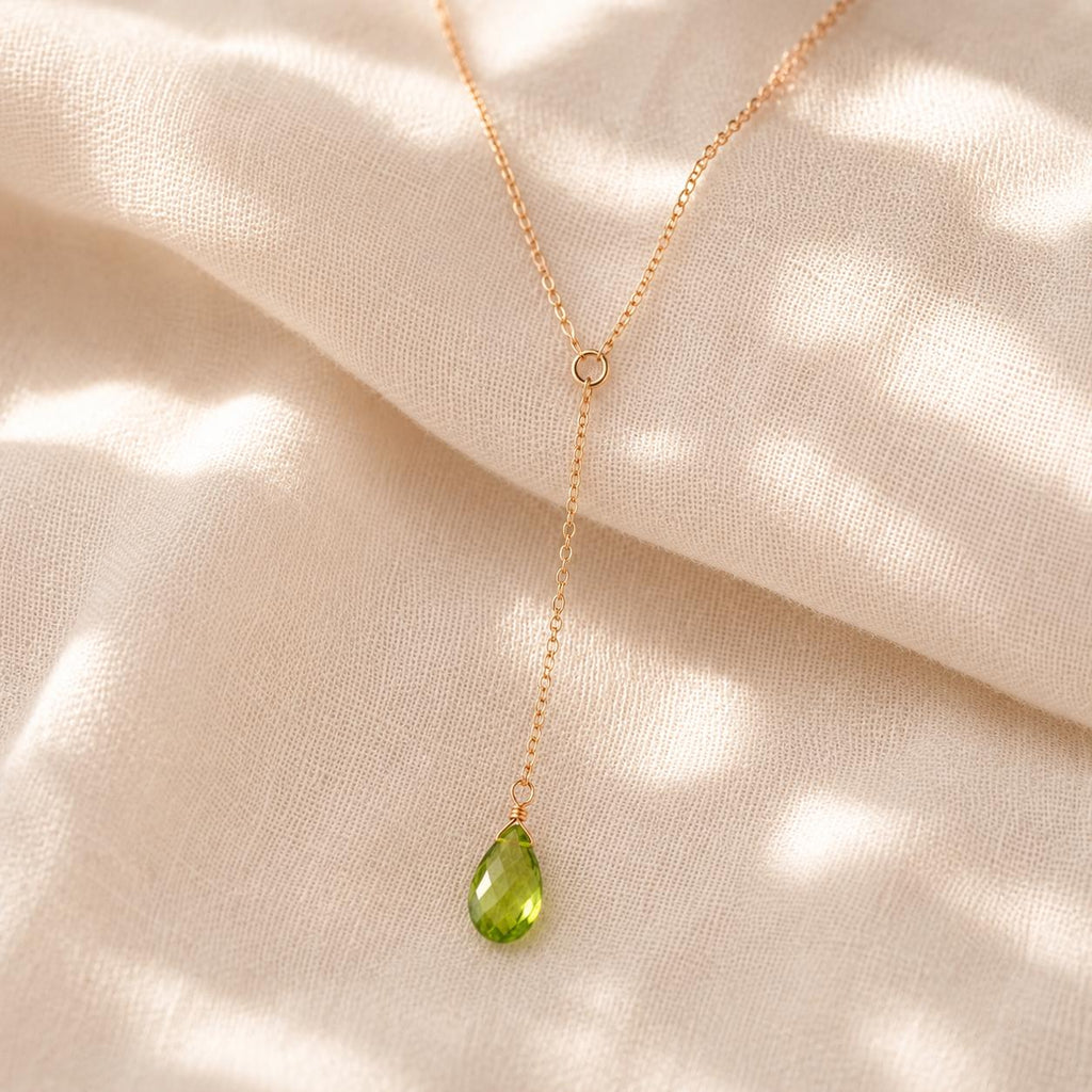 Peridot Lariat Necklace, August Birthstone Y Necklace, Minimalist Green Gemstone Jewelry Gift for Her