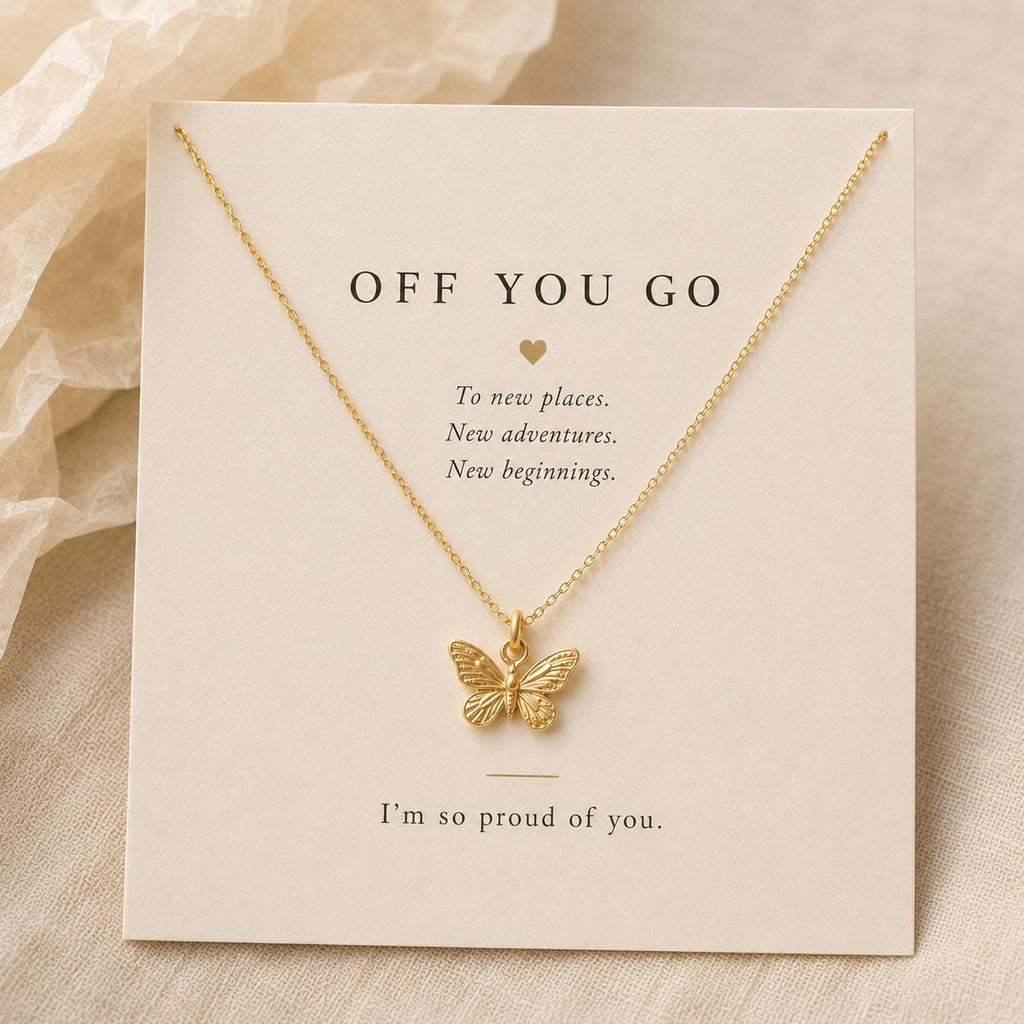 Off You Go Butterfly Necklace, Graduation Gift for Daughter, College Bound Gift from Mom, Gold Butterfly Charm Necklace, New Beginnings Gift