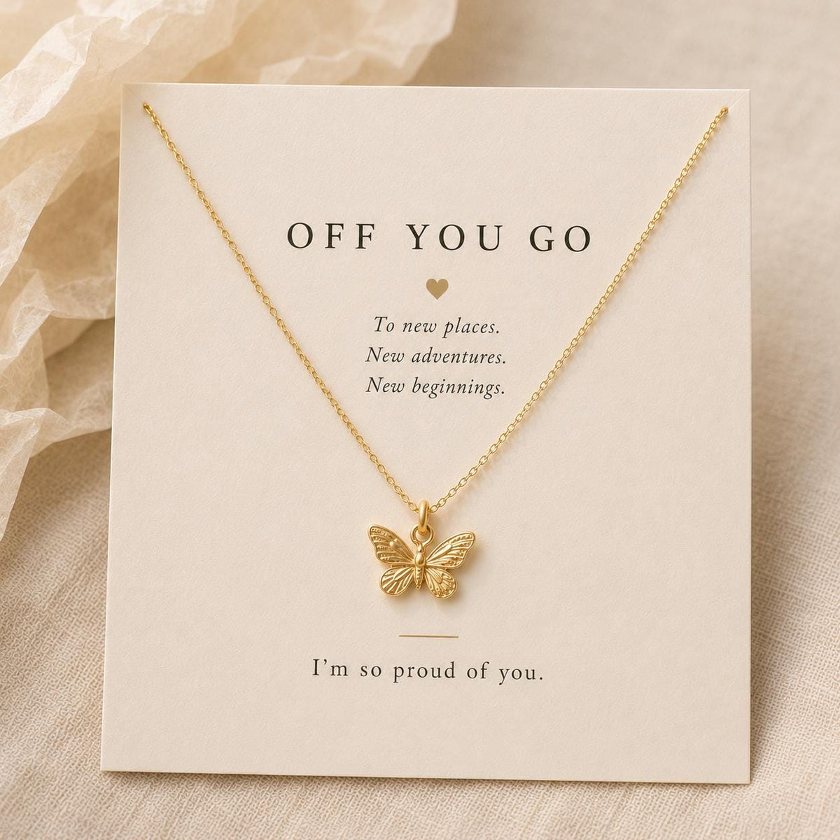 Off You Go Butterfly Necklace, Graduation Gift for Daughter, College Bound Gift from Mom, Gold Butterfly Charm Necklace, New Beginnings Gift